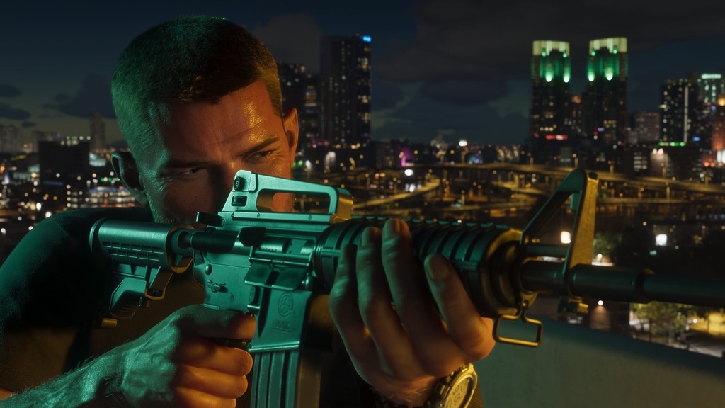 GTA 6 Jason Duval aiming an assault rifle