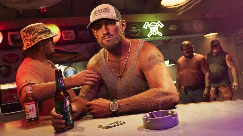 GTA 6 Jason Duval drinking a beer in a bar with Cal Hampton